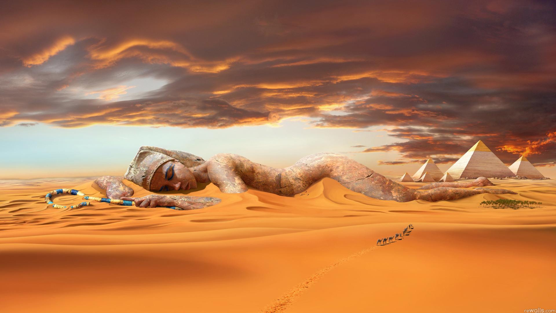 Пустыня, песок, дюны, караван, верблюды, пирамиды, статуя 1920x1080