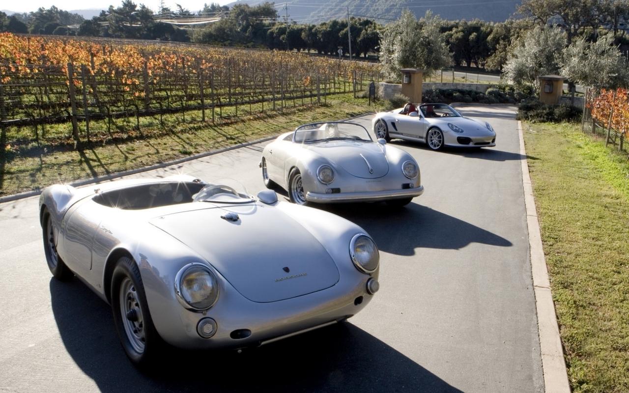 Porsche, mixed, 550, rs, spyder, 1953г, 356, roadster, 1948г, boxster, spyder, 2010, порше, родстеры 1280x800