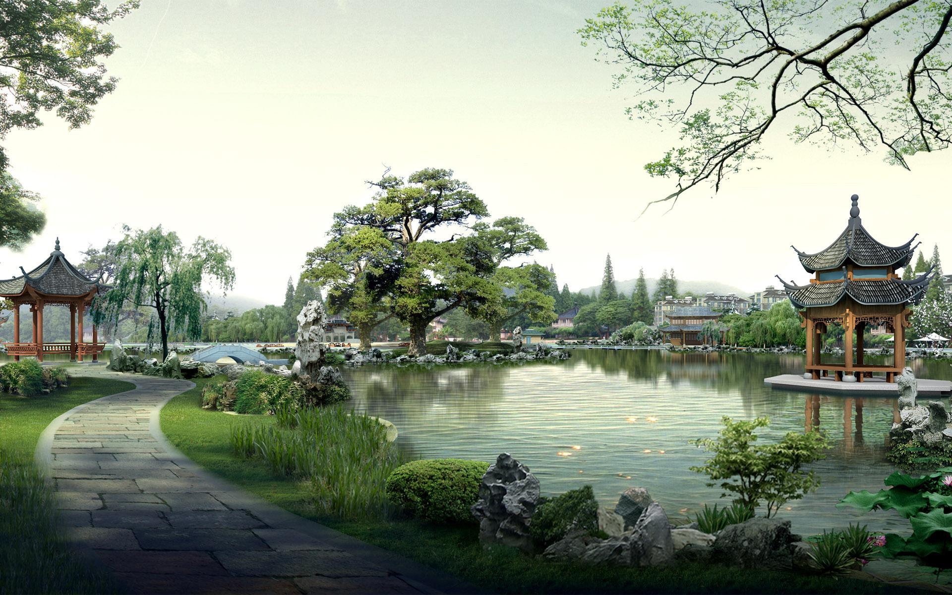 Японский сад, дорожка, храм 1920x1200