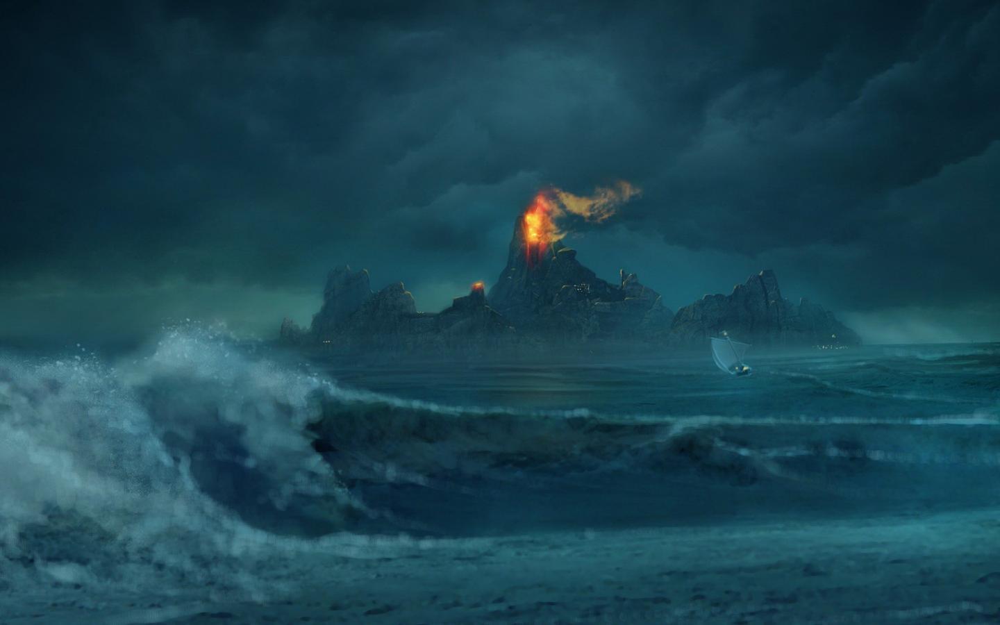 Волны, лодка, огонь, горы 1440x900