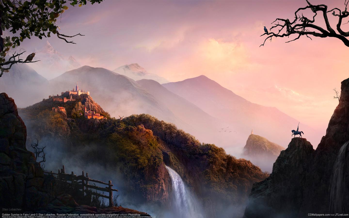 Восход, замок, горы, водопад, забор, дорога, всадник, герой 1440x900