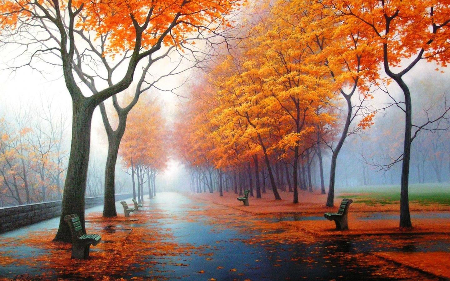 Осенний парк после дождя 1440x900