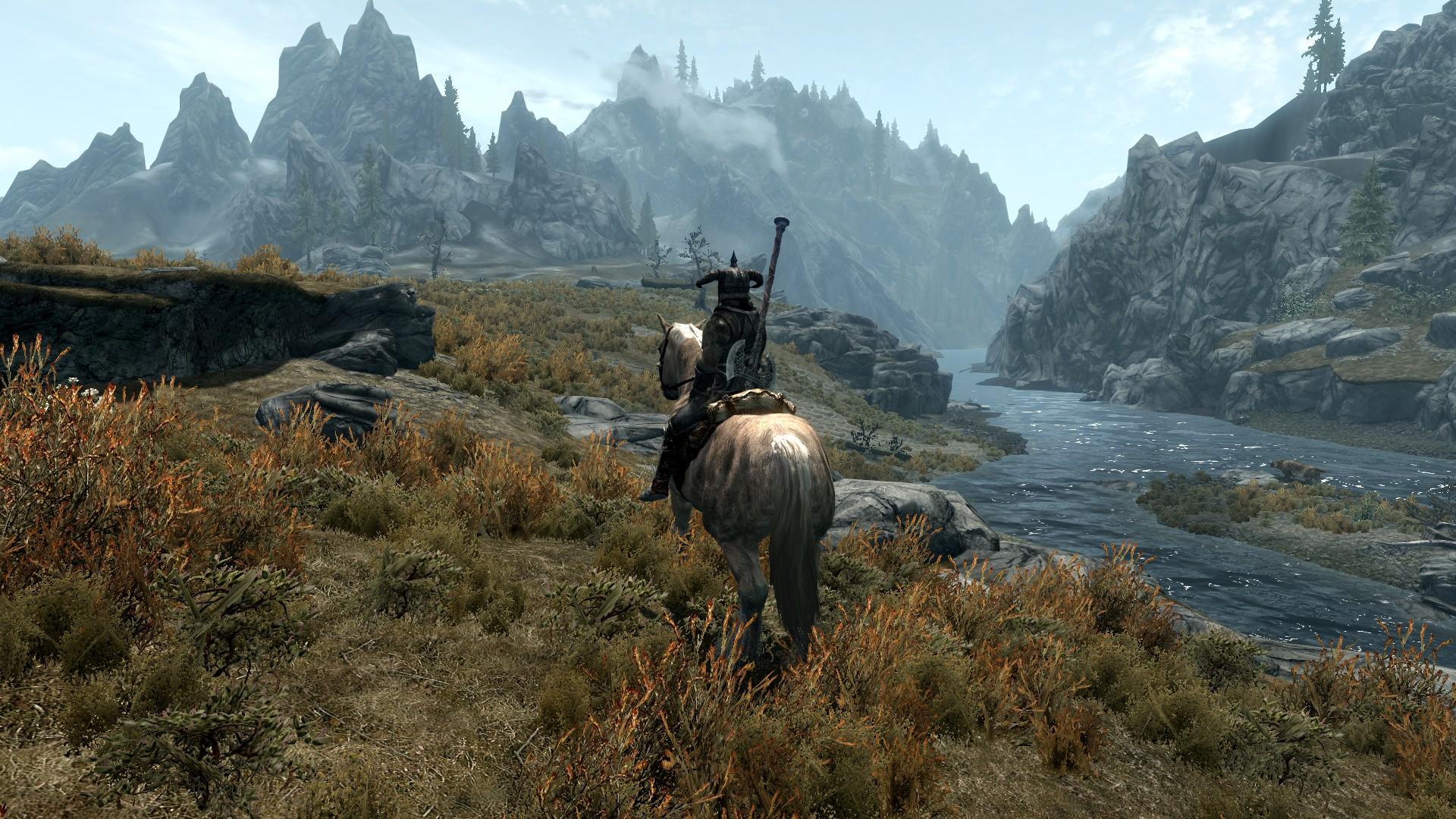 Главный герой на лошади, скриншот из игры The Elder Scrolls 5: Skyrim 1920x1080