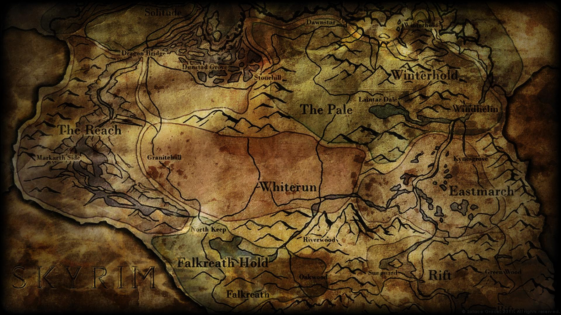 Карта мира из игры The Elder Scrolls 5: Skyrim 1920x1080