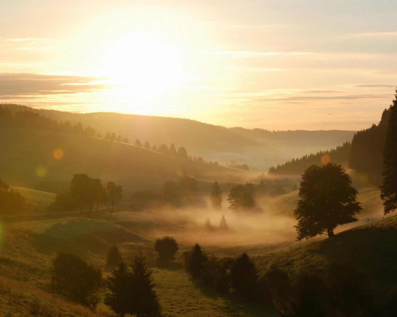 Восход, утро, туман, пейзаж, природа 1280x1024