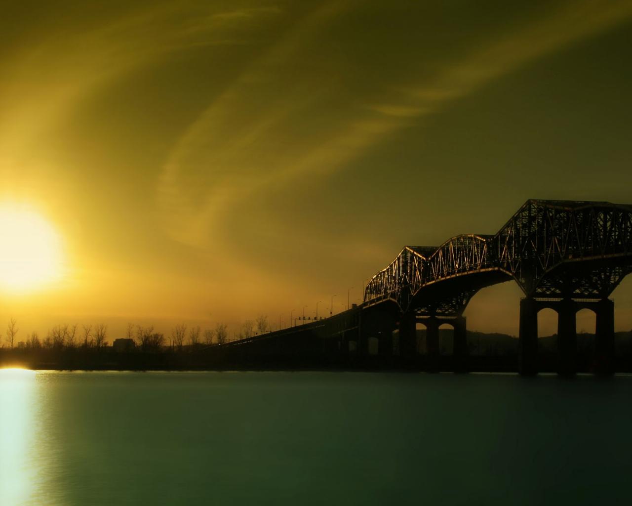 Восход, река, мост 1280x1024