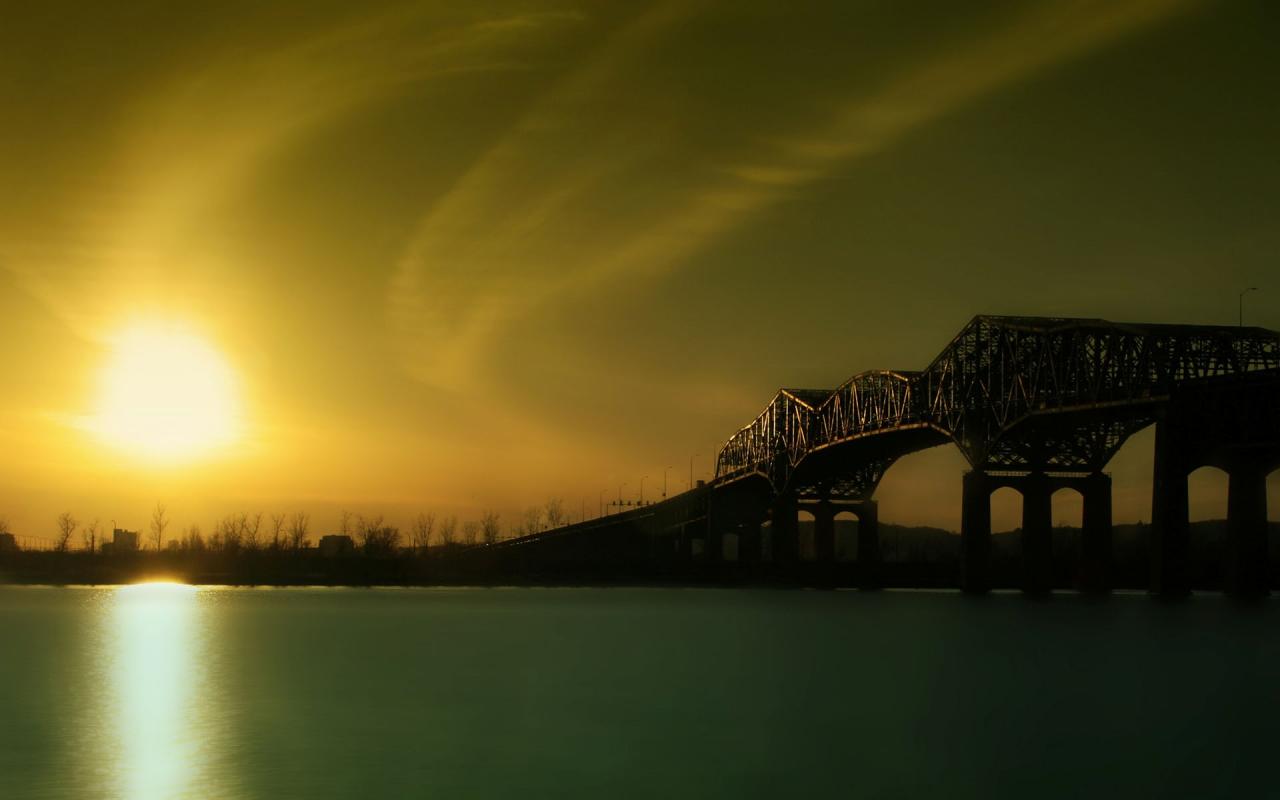 Восход, река, мост 1280x800