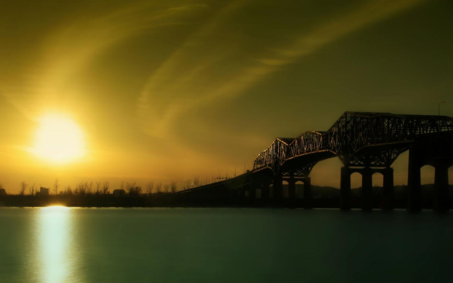 Восход, река, мост 1440x900