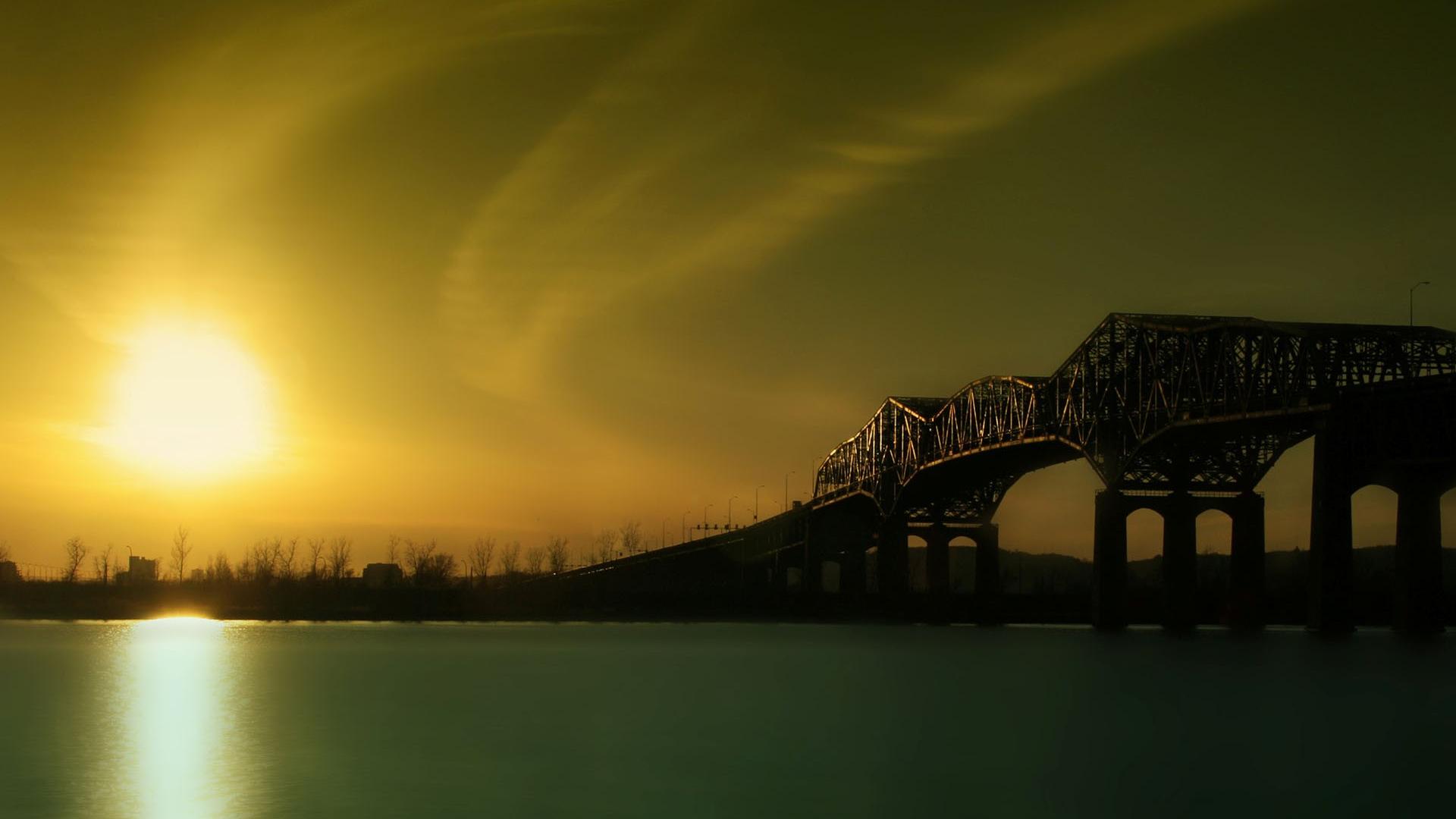 Восход, река, мост 1920x1080