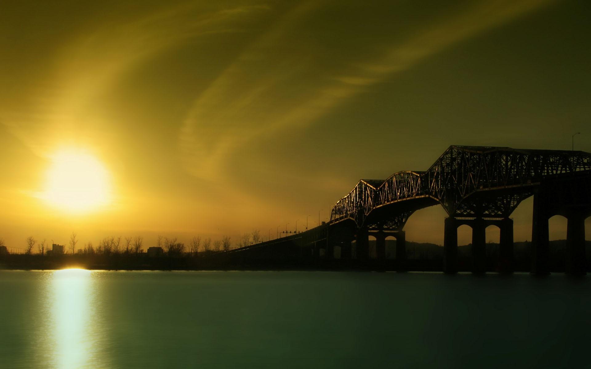 Восход, река, мост 1920x1200