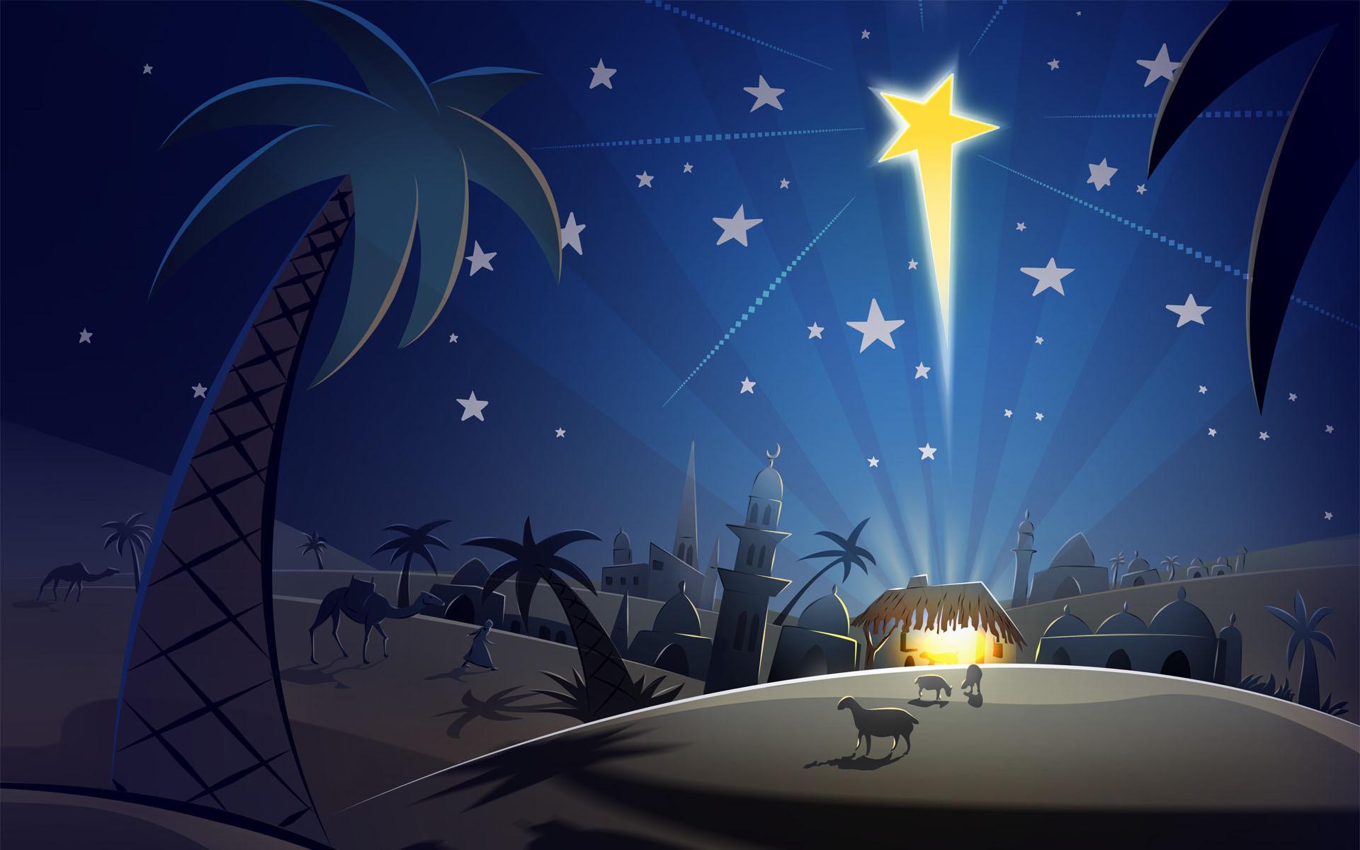 Вифлеем, пустыня, звезда, пальмы, рождество, рисунок 1920x1200
