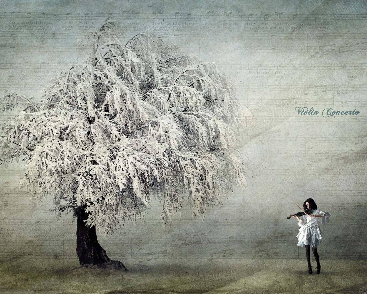 Девушка, дерево, музыка, скрипка 1280x1024
