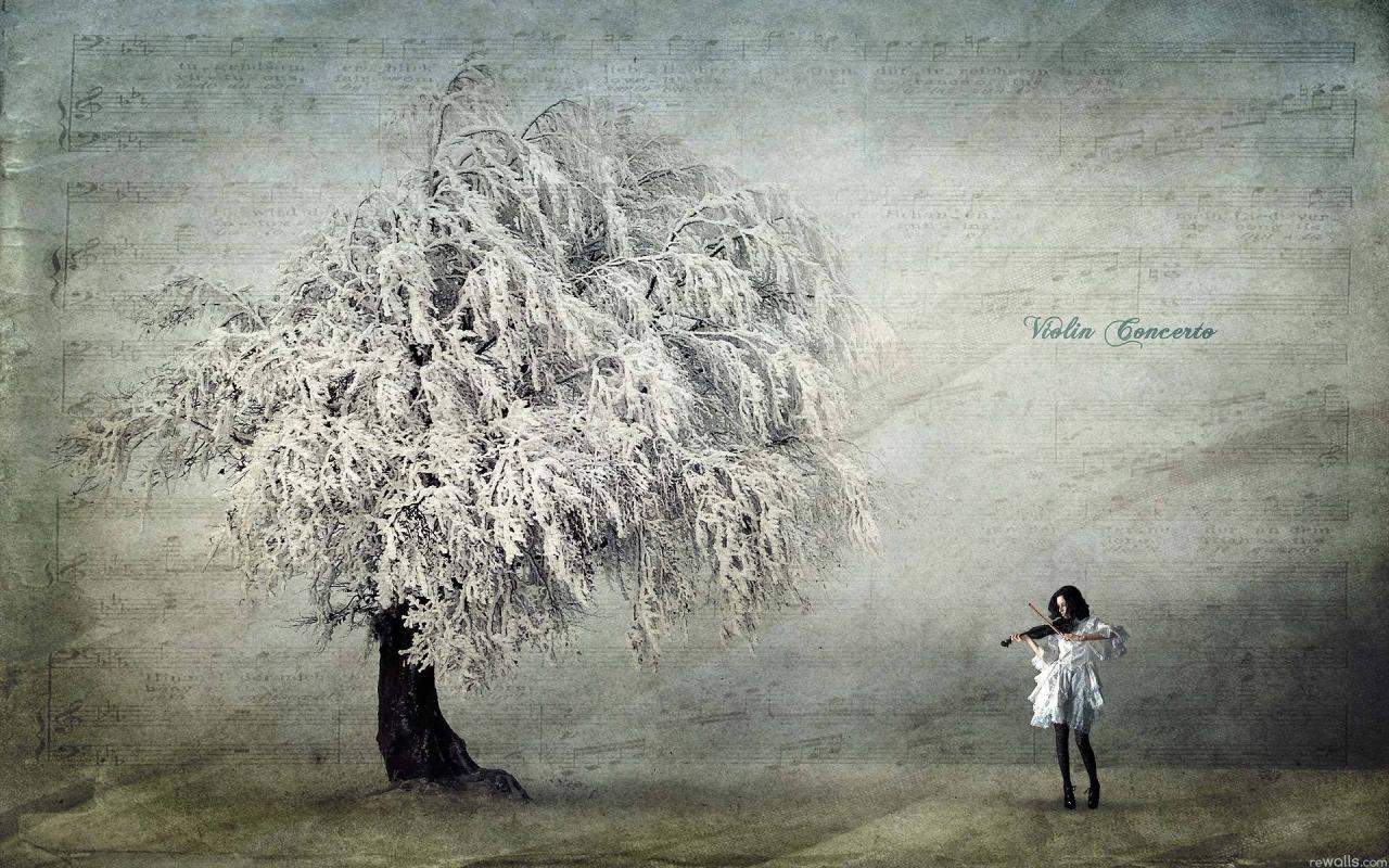 Девушка, дерево, музыка, скрипка 1280x800